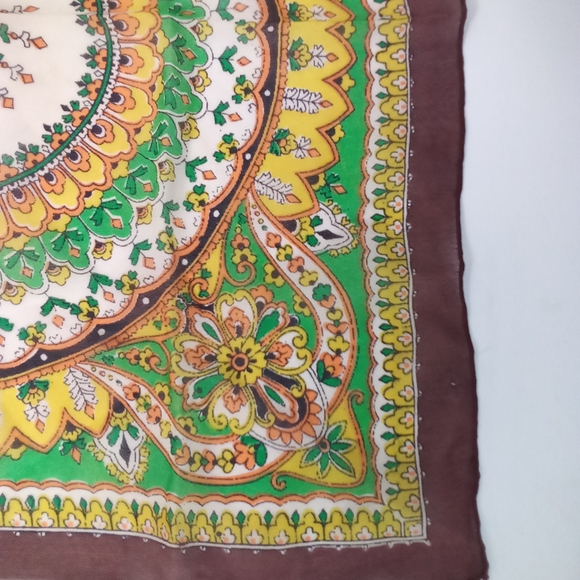 Colorful Mandala Silk Scarf Boho Brown Green Vintage - Picture 2 of 3